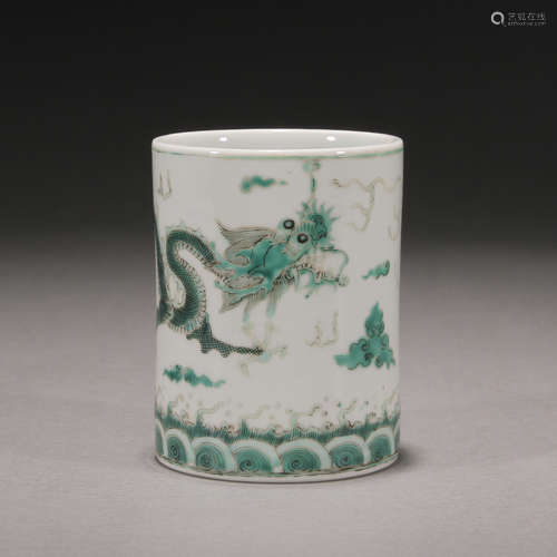 Qing Dynasty, green dragon pattern brush pot