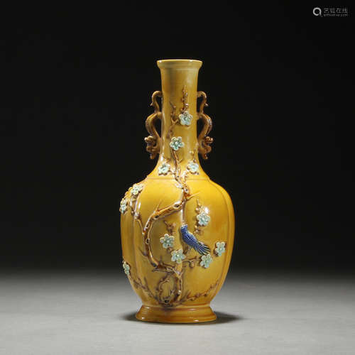 Yellow glaze carved vase with six sides