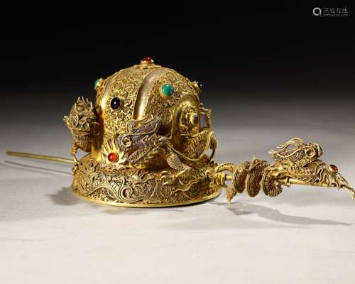 Silver gilt gold jewelled coiling dragon hairpin