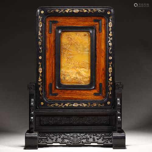 19th century Shoushan Shitian Yellow Screen (wooden frame)