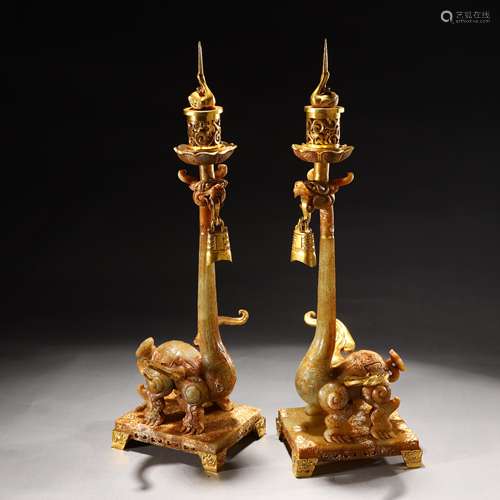 Ancient gilt copper and jade covered dragon candlestick