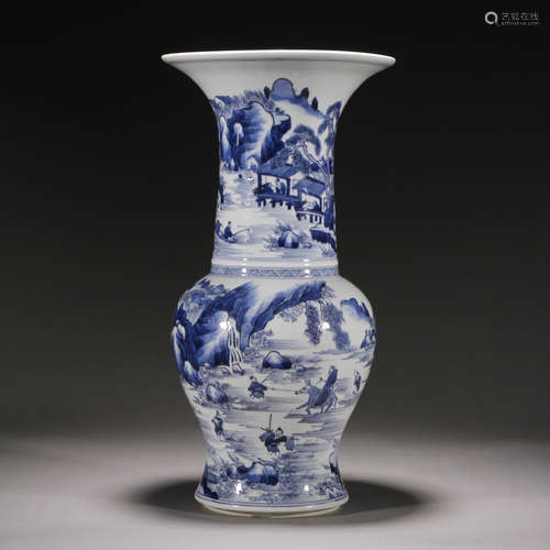 Blue and white landscape figure vase