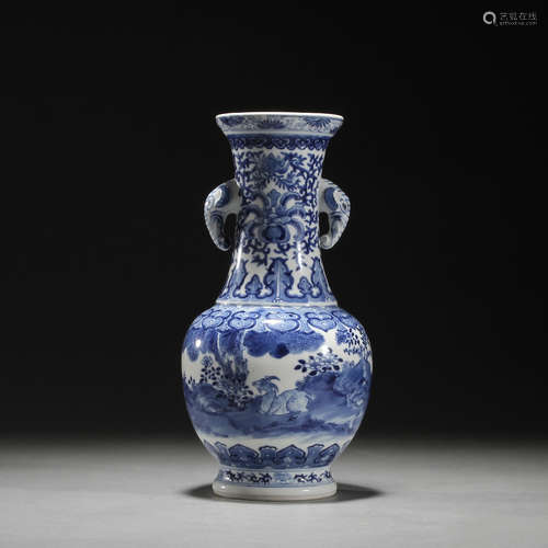 Qing Dynasty blue and white vase with elephant ears