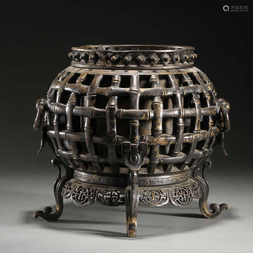 Bronze three-legged incense burner with bamboo joints, Qing ...