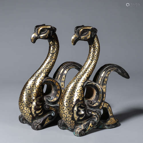 CHINESE BRONZE PHOENIX, PAIR