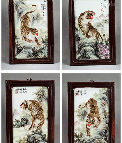 FOUR CHINESE FAMILLE ROSE TIGER HANGING PLAQUES BY