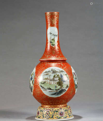 A CORAL-RED GLAZE AND GILT-DECORATED LANDSCAPE REV