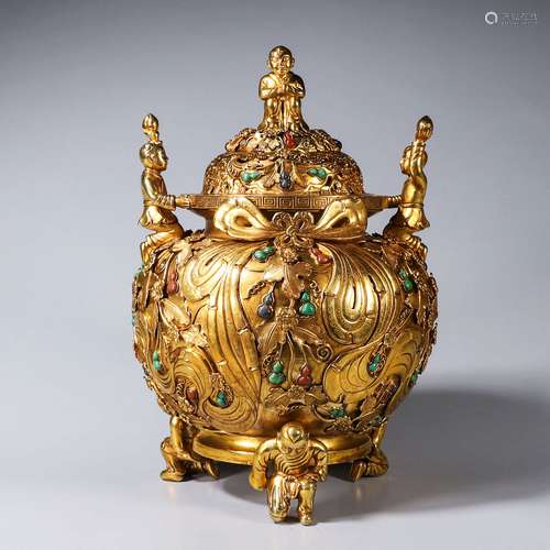 CHINESE GILT BRONZE CARVED COVER CENSER