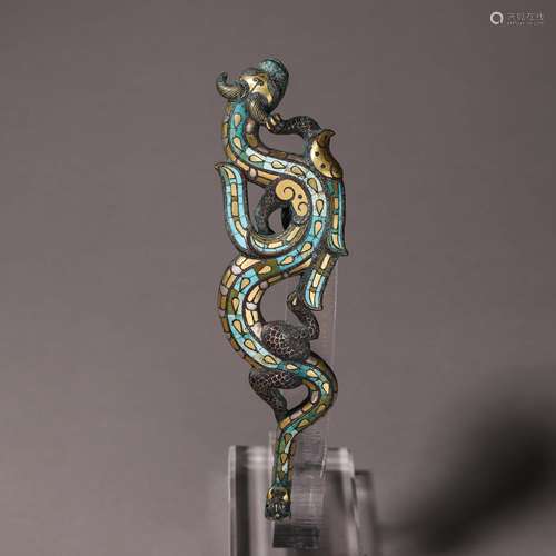 CHINESE BRONZE DRAGON PENDANT WITH INLAID