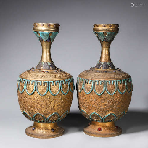 CHINESE GILT BRONZE VASES, PAIR