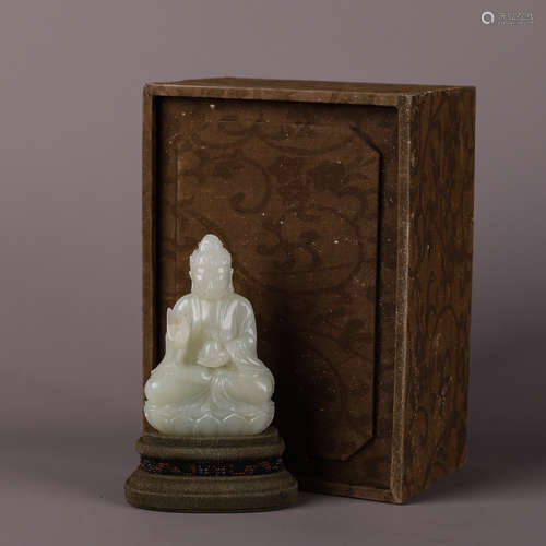 CHINESE WHITE JADE SEATED SHAKYAMUNI