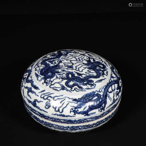 CHINESE BLUE WHITE DRAGON PORCELAIN COVER BOX, MAR