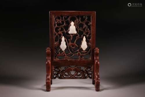 CHINESE HARDWOOD TABLE SCREEN AND WHITE JADE BUDDH