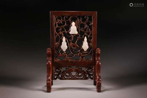 CHINESE HARDWOOD TABLE SCREEN AND WHITE JADE BUDDH