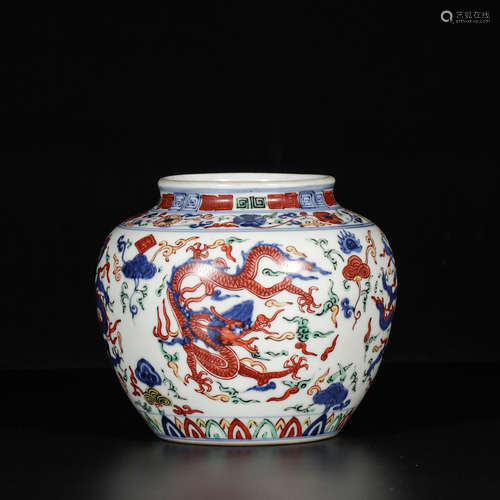 CHINESE WUCAI DRAGON PORCELAIN JAR, MARKED