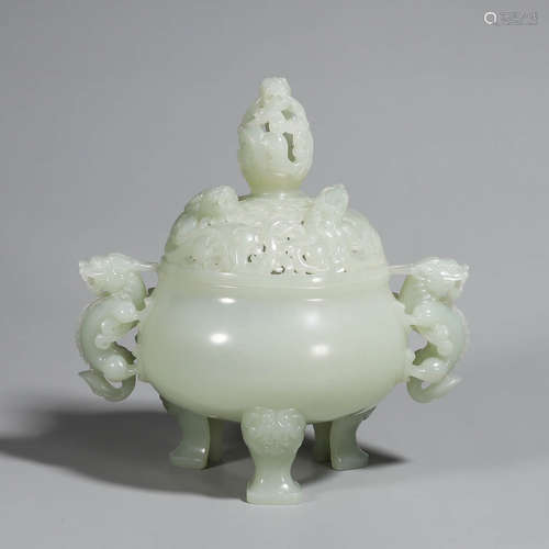 CHINESE CELADON WHITE JADE COVER CENSER