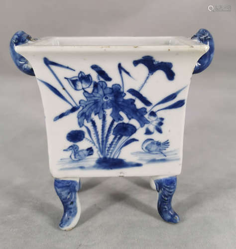 CHINESE BLUE WHITE CENSER, MARKED