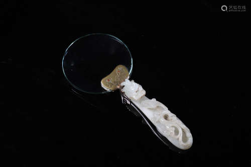 CHINESE WHITE JADE DRAGON HANDLE MAGNIFYING GLASS
