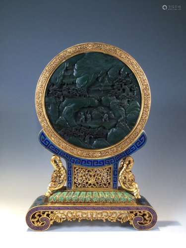 CHINESE SPINACH JADE ON CLOISONNE TABLE SCREEN