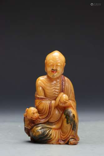 CHINESE YELLOW SOAPSTONE CARVED LOHAN