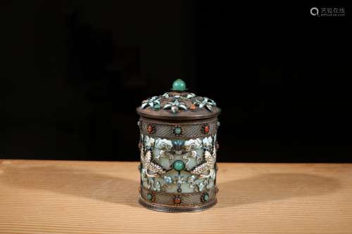 CHINESE GILT SILVER WIRE WITH JADE COVER JAR