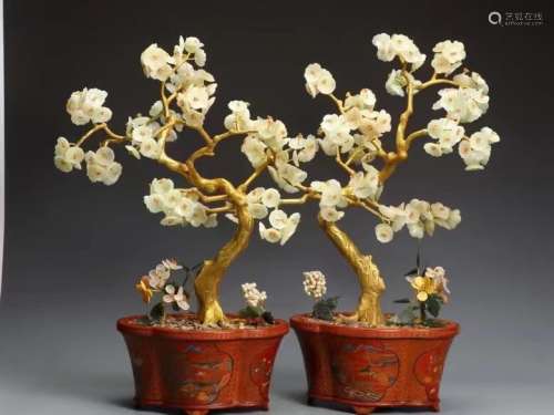 CHINESE PAIR OF LACQUER PLANTERS, JADE FLOWER