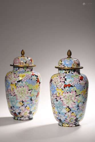 CHINESE BRONZE ENAMEL COVER VASES, PAIR