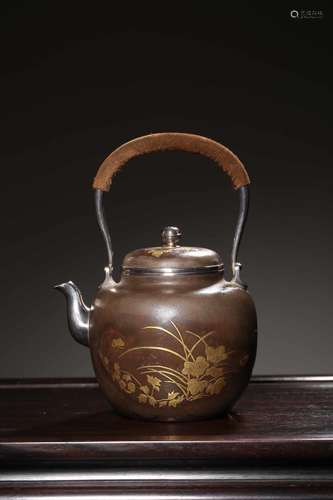 CHINESE SILVER TEA POT, GILT FLOWER