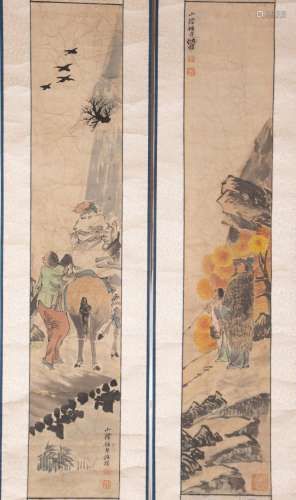 CHINESE INK AND COLOR SCROLL PAINTING, PAIR