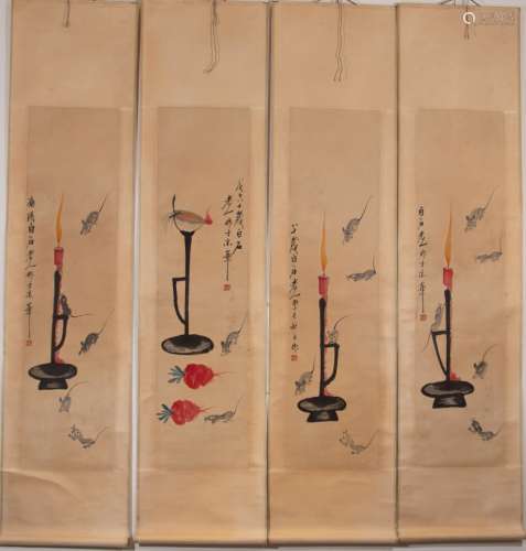 CHINESE INK AND COLOR SCROLL PAINTING, SET OF 4