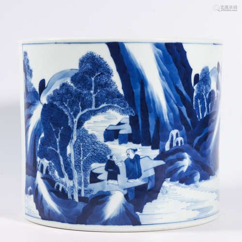 A BLUE AND WHITE ‘LANDSCAPE AND FIGURE’ BRUSH POT