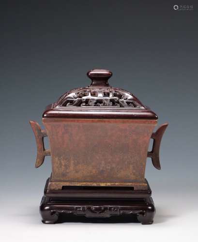 CHINESE BRONZE CENSER WITH COVER, MARKED