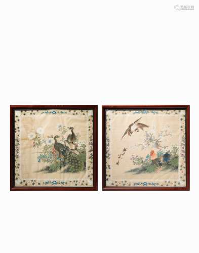 CHINESE INK AND COLOR ON SILK FRAMED PAINTING