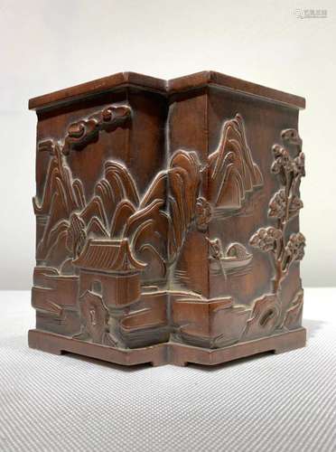 CHINESE HARD WOOD CARVED LANDSCAPE BOX