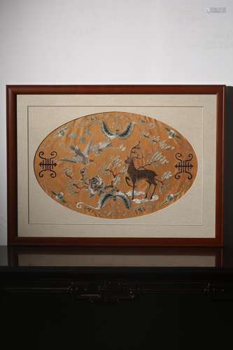 CHINESE SILK EMBROIDERY DEER BAT AND SHOU ON FRAME