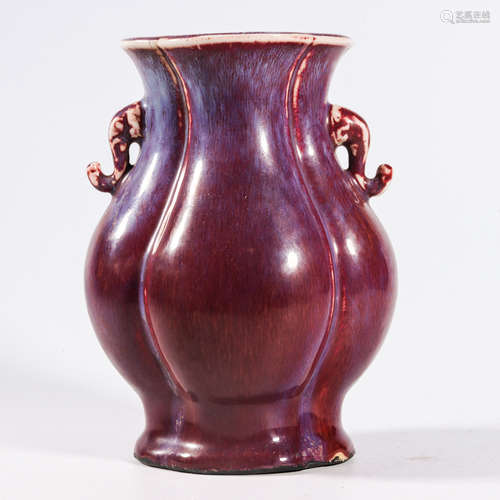 A FLAMBE GLAZE DOUBLE ELEPHANT-EARED VASE