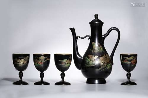 CHINESE LACQUER WOOD WINE SET, LANDSCAPE SCENE