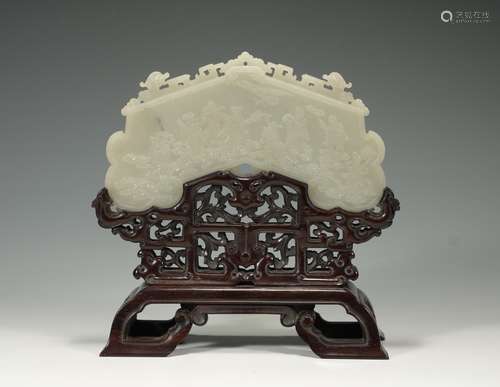 CHINESE WHITE JADE PLAQUE ON HARDWOOD STAND