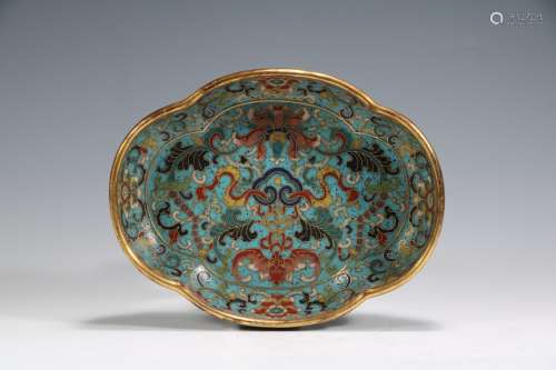 CHINESE CLOISONNE LOBBED SHAPE PLATE, MARKED