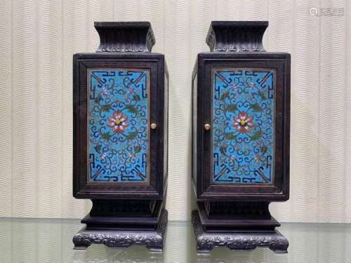 CHINESE HARDWOOD WITH CLOISONNE CONG VASE, PAIR