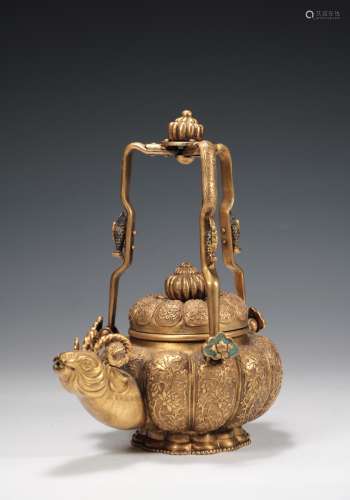 CHINESE GILT BRONZE SHEEP HEAD TEA POT