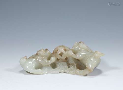 CHINESE CELADON JADE CARVED FOOLION