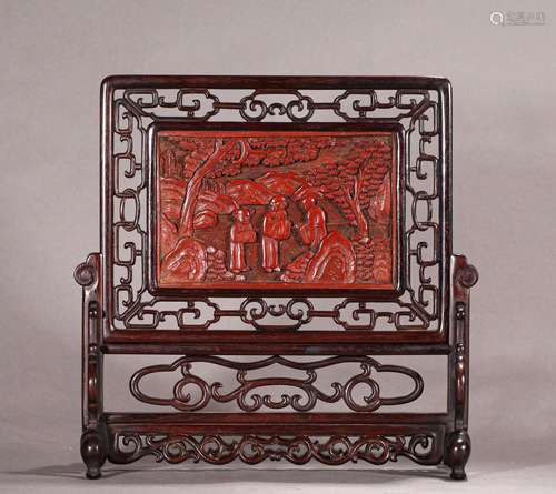 A MING DYNASTY YELLOW PEAR PIERCING RED CARVED FIGURE TABLE ...