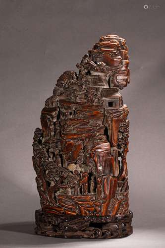 A QING DYNASTY BAMBOO SCULPTURE LANDSCAPE FIGURE CINNABAR,A ...