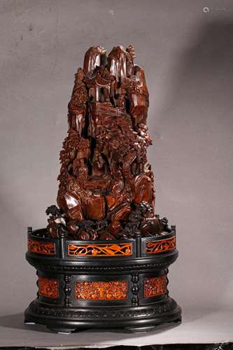 A MING DYNASTY SANDALWOOD CARVED FIGURE AND LANDSCAPE,A MING...