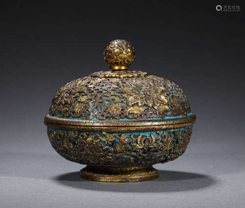 A BRONZE CLOISONNE BOWL WITH LID; QING DYN.,A BRONZE CLOISON...