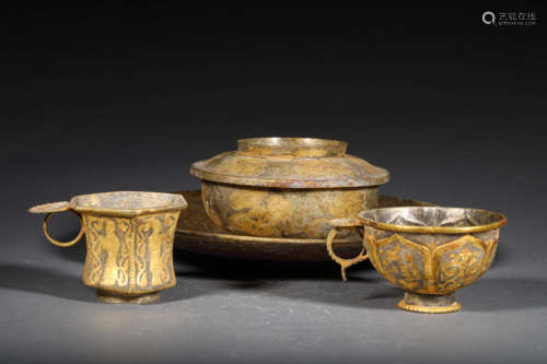 A THREE-PIECES-SUITS MING DYNASTY SILVER GILDING DRINKING VE...