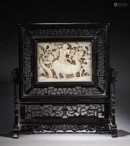 A TABLE SCREEN MADE OF ZITAN WOOD AND WHITE JADE