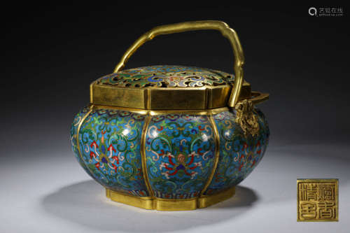 A SMALL BRONZE CLOISONNE FURNACE; QING DYN.