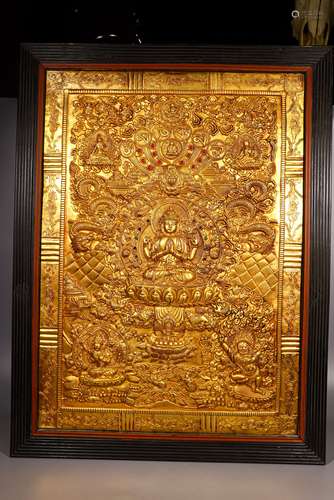 A GILDED BRONZE TANGKA TIBETAN BUDDHIST PAINTING; MING DYN.